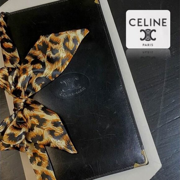 Celine Black Leather Folio with Leopard Print Twilly - Picture 1 of 8